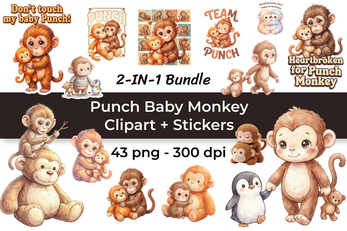 2-in-1 Punch Baby Monkey Clipart, an Animal Illustration by InkyQueenArt (Photo 1 of 8)