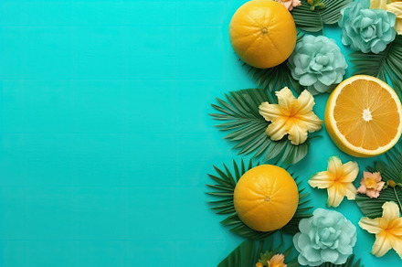 Summer background citrus fruits leaves blue flat lay. Generative, a Background Photo by AS photostudio