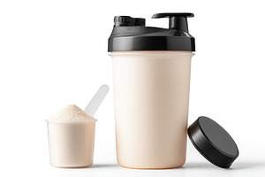 Protein shaker bottle with protein powder scoop, a Food & Drink Photo by AlyaAnd