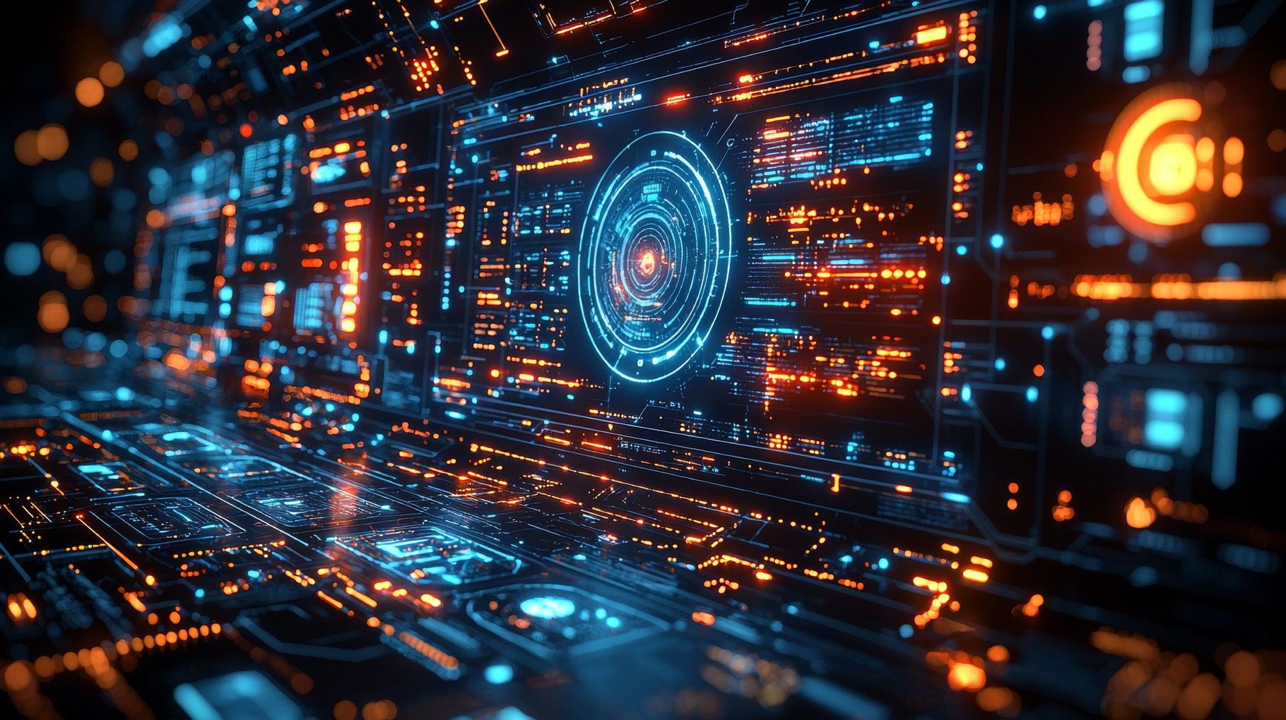 Futuristic digital interface with glowing technology patterns and ...