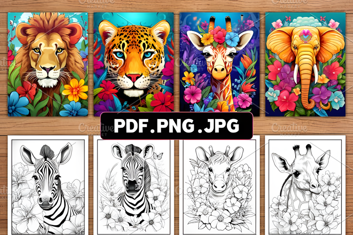 Floral Safari Animals Coloring Pages, an Animal Illustration by Ink Gallery (Photo 2 of 4)