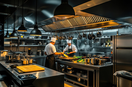 Restaurant kitchen with chefs, a Photo by Pavel_design