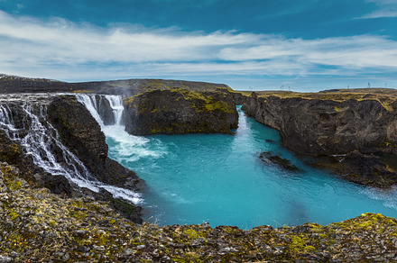 Picturesque waterfall Sigoldufoss autumn view. Season changing i, a Nature Photo by YuriyB