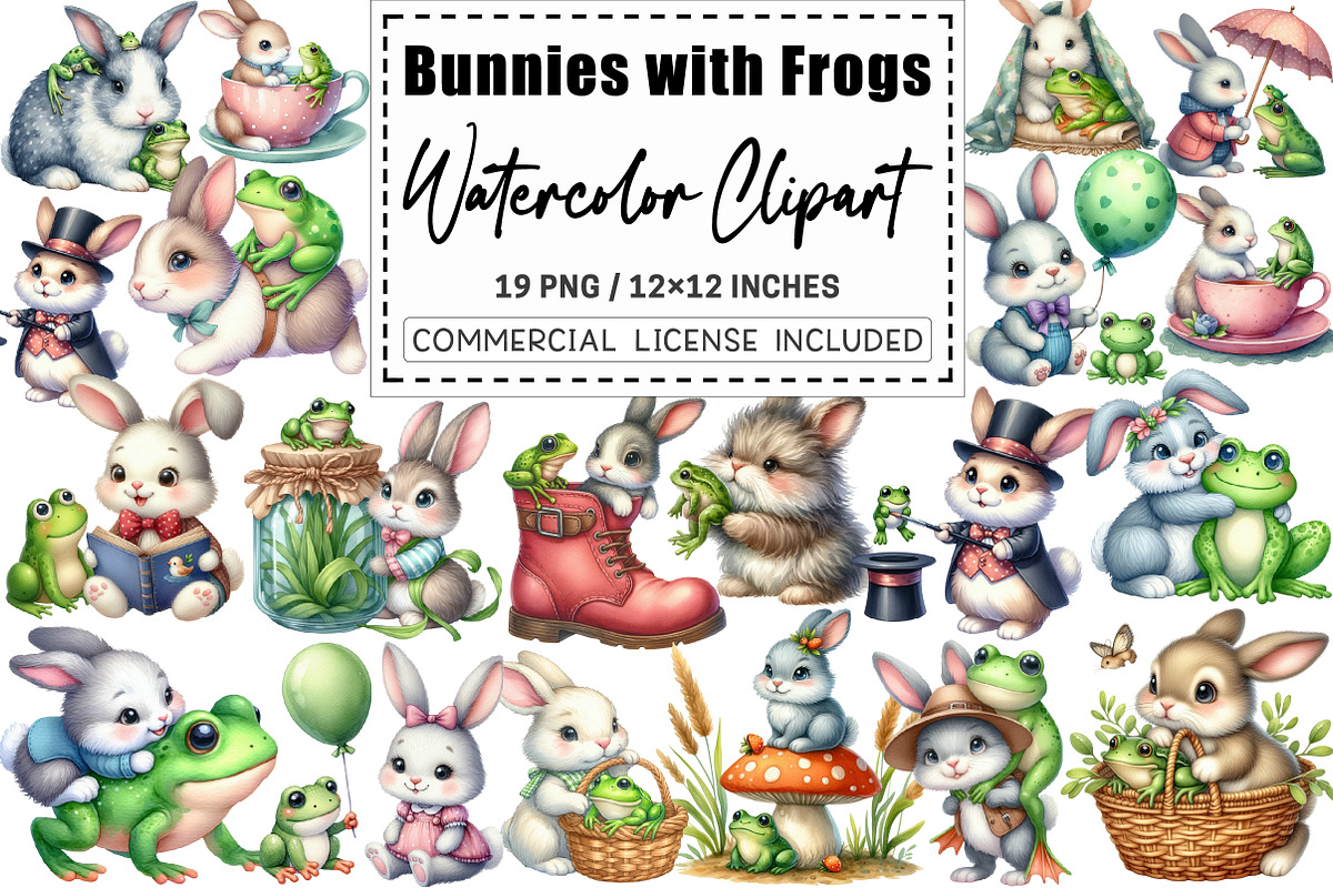 Bunnies with Frogs Clipart, a Graphic by CitraGraphics (Photo 1 of 3)