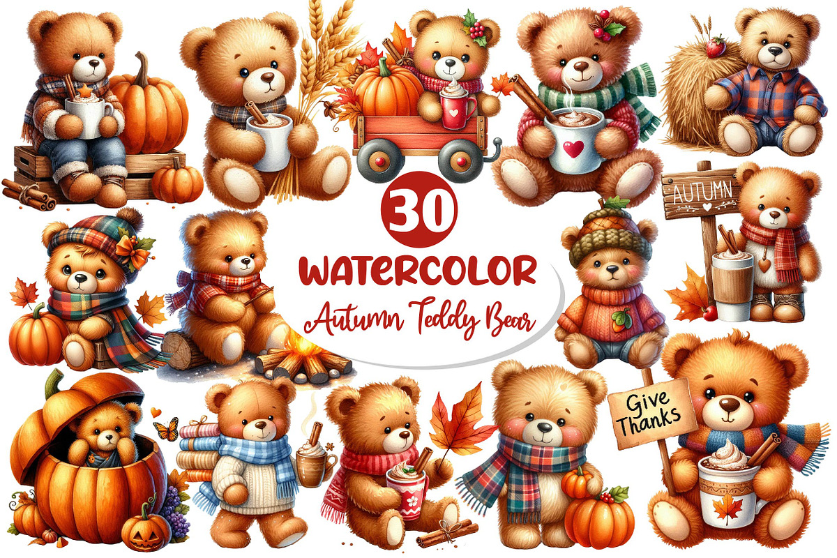 Autumn Teddy Bear Clipart, an Illustration by Dream Creation (Photo 1 of 6)