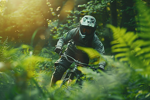 Cyclist on mountain bike riding on a bike on forest path, a Sports & Recreation Photo by AlyaAnd