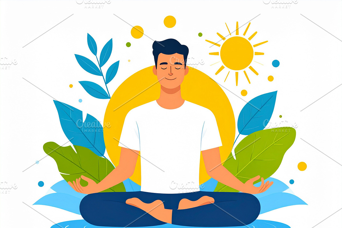 Person meditating peacefully with nature elements surrounding, an Illustration by DanFLCreativo