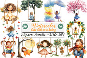 Watercolor Cute Girl on a Swing PNG, an Illustration by DreamCafeArt (Thumbnail 1 of 8)