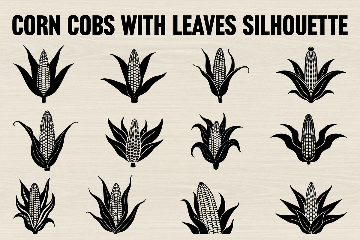 Maize Cob and Leaf Silhouette Set, an Illustration by Amazin_art