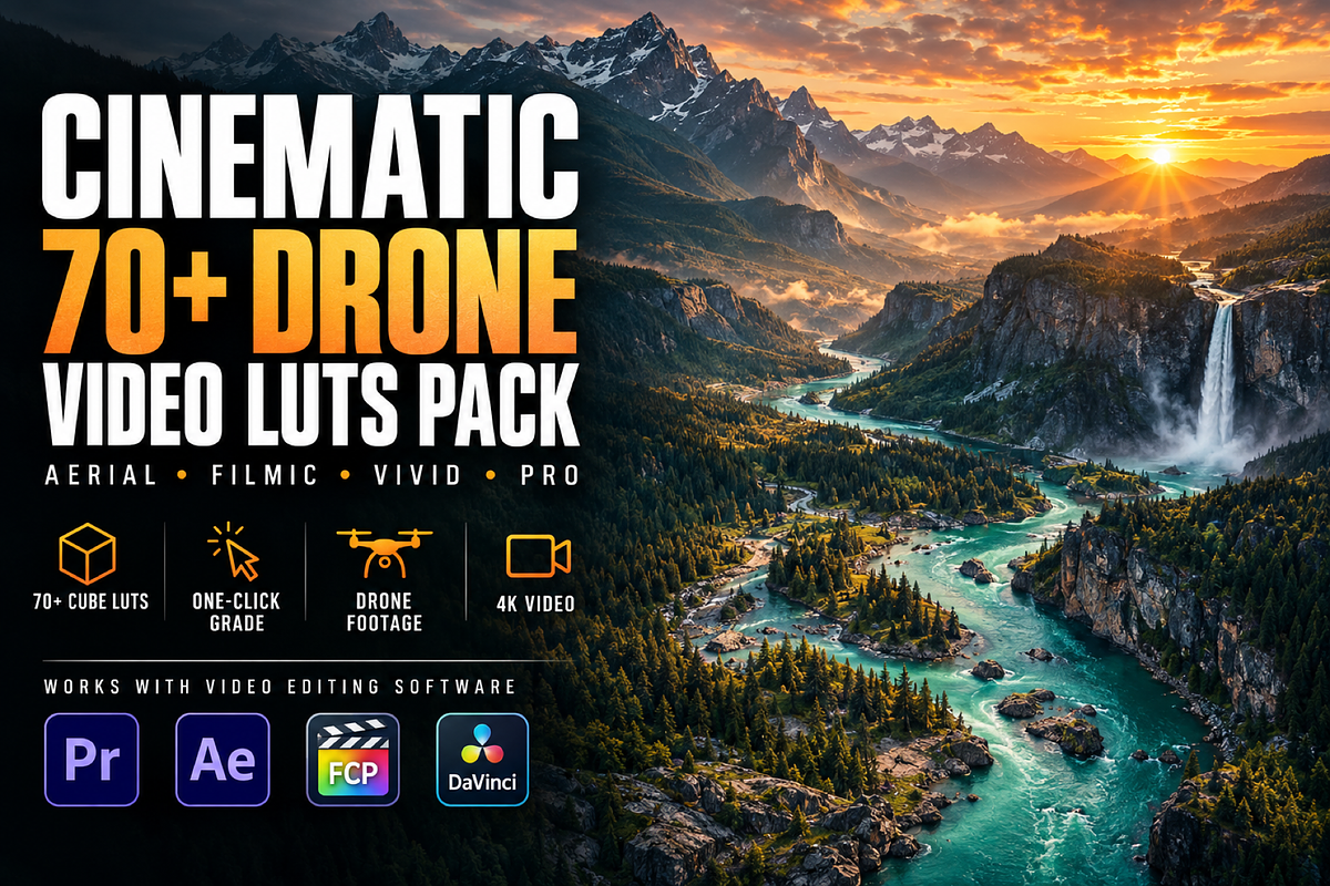 70+ Cinematic Drone Video Luts Pack, a Plug-in Add-On by AAA Presets (Photo 1 of 4)