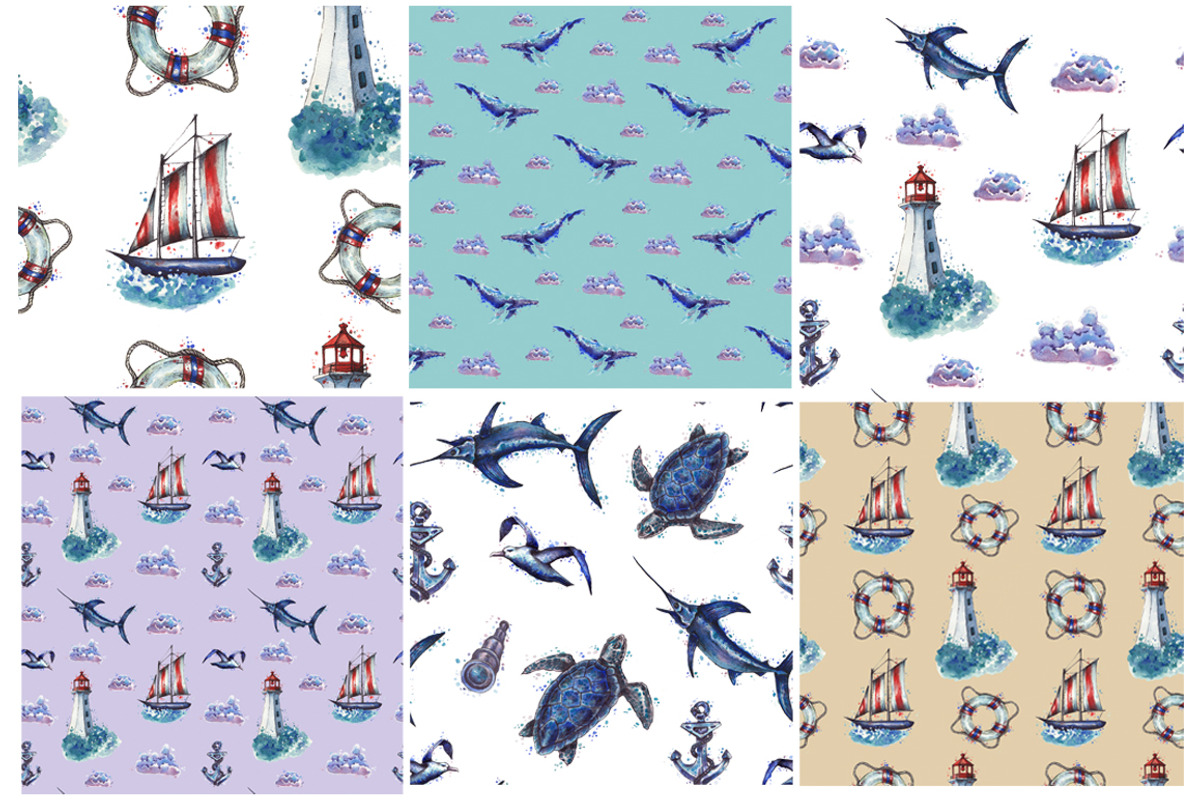 Watercolor sea collection, a Pattern Graphic by lenavetka87 (Photo 2 of 3)