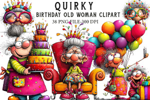 Quirky Birthday old woman clipart, an Illustration by Libby Wishes