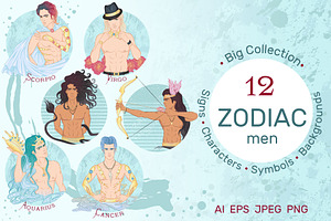 12 Zodiac Men Hand Drawn Collection