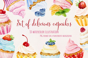 Set of delicious watercolor cupcakes