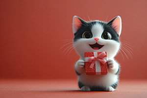 Happy kitten holding a small gift on, a Photo by Tanuart