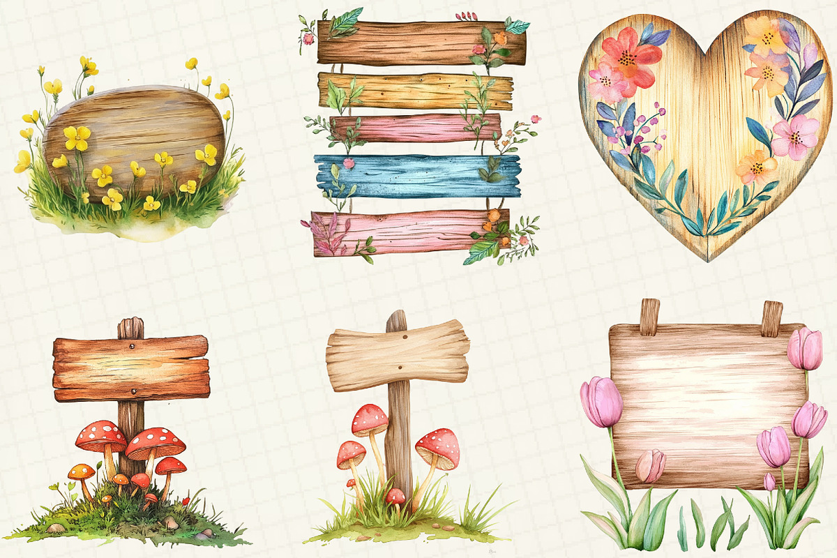 Spring Wooden Sign Board Clipart, an Illustration by OK Design (Photo 2 of 5)
