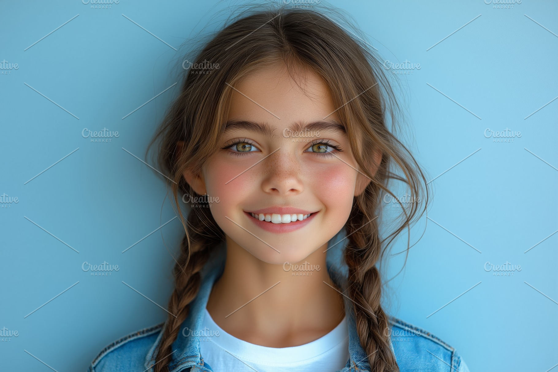 A cheerful young girl with braided hair smiles brightly against a light blue ba, a Person Photo by ImageMir