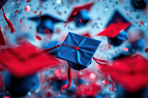 Graduation caps flying in celebratio, a Photo by Tanuart