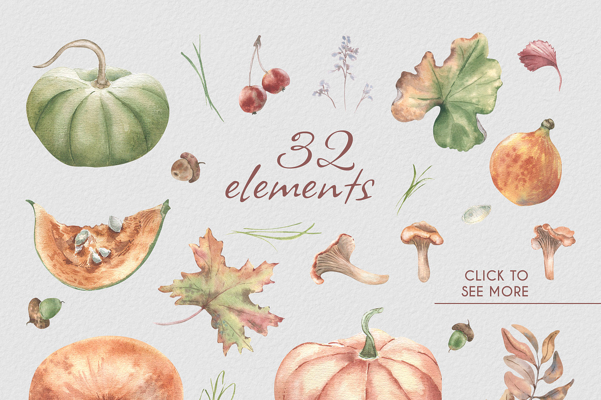 Pumpkin clipart. Autumn watercolor, an Illustration by Kate Lanbina (Photo 3 of 16)