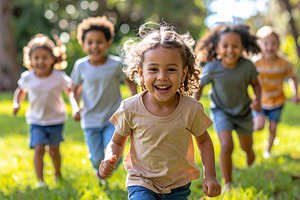 Diverse children playing together in a park during a sunny day, a Person Photo by DanFLCreativo
