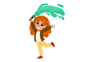 Happy girl splashing green paint, an Illustration by pikepicture