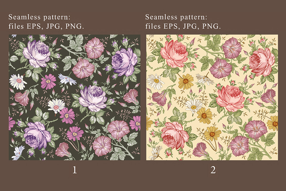 Set Seamless Flowers Roses Chamomile, a Pattern Graphic by Vintage (Photo 2 of 14)