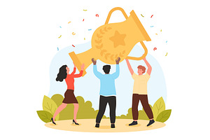 Team Celebrating Success With Trophy, a Person Illustration by Flashvector