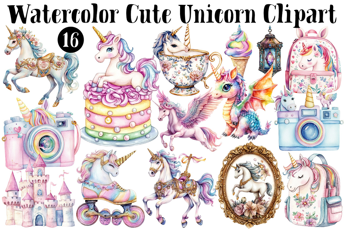 Watercolor Cute Unicorn Clipart, a Seasonal Illustration by CitraGraphics (Photo 1 of 5)