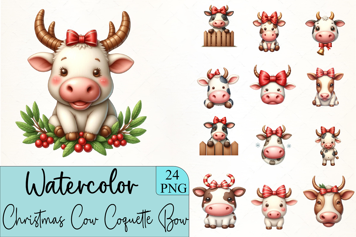 Christmas Cow Coquette Bow Clipart, an Illustration by CrexoraLab (Photo 1 of 5)