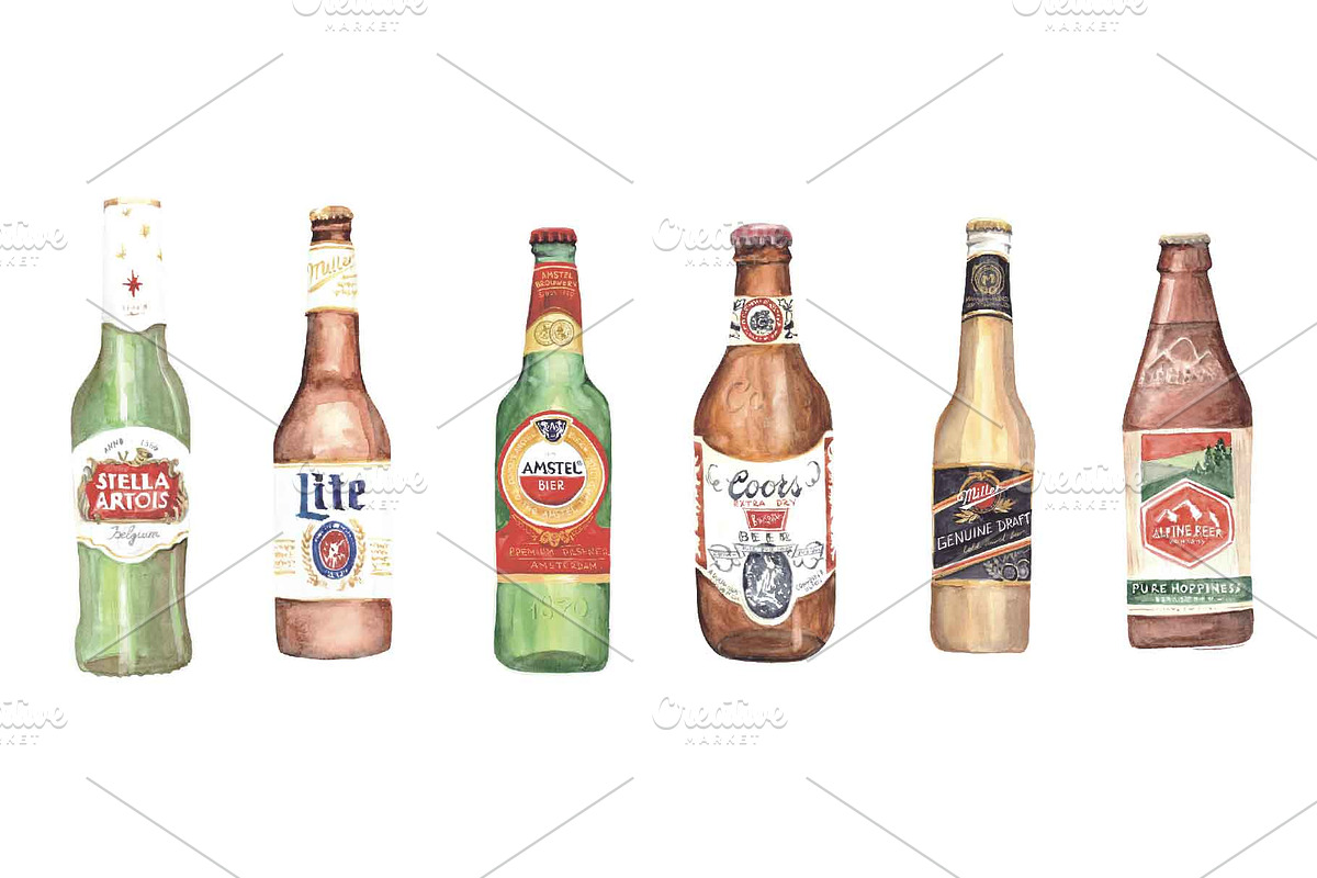 12 WATERCOLOUR BEER BOTTLES, a Food Illustration by MumAndMe (Photo 3 of 3)
