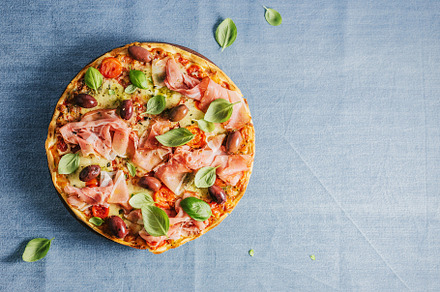 Italian pizza on rustic textile featuring pizza, food, and cheese, a Food & Drink Photo by Valeria Art