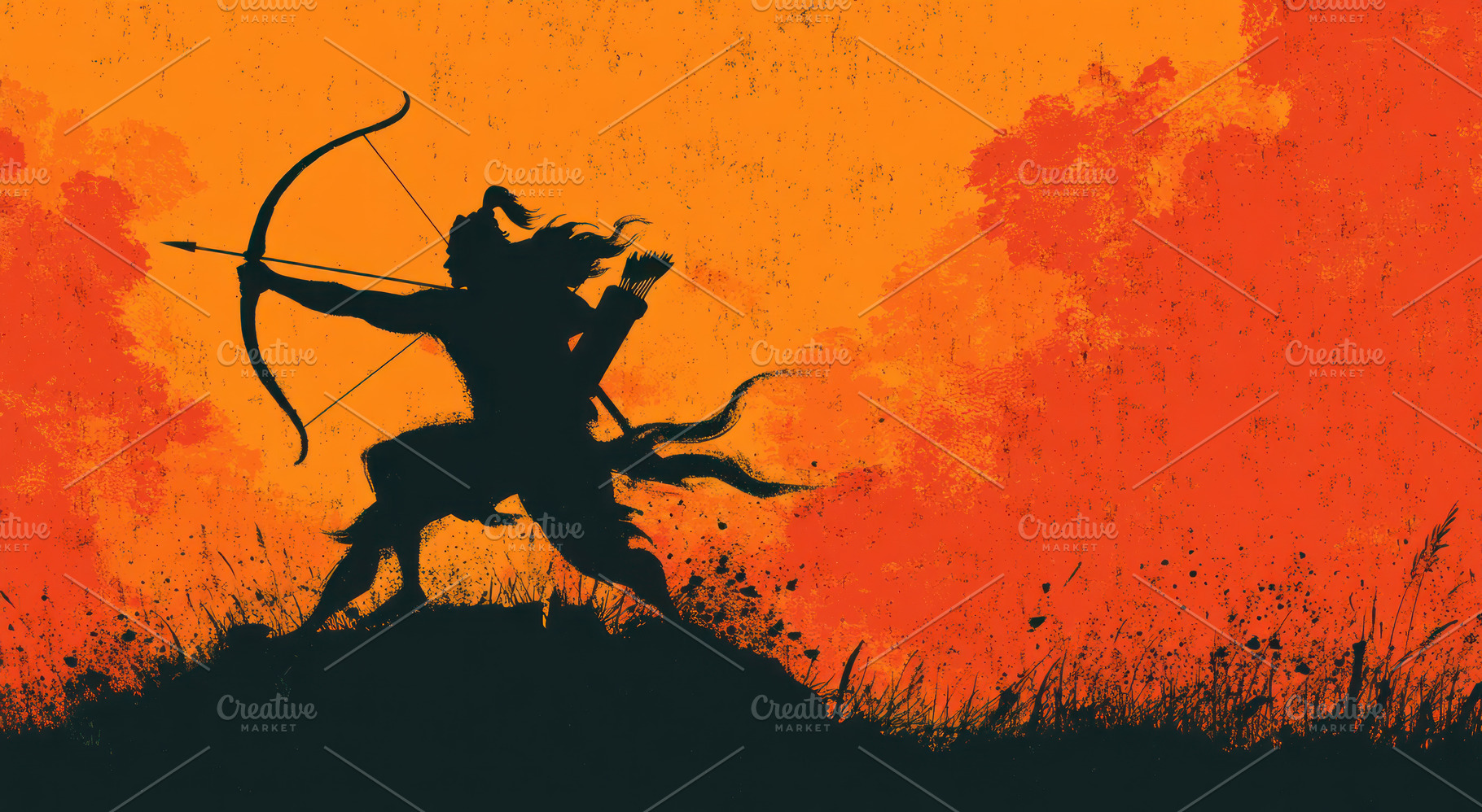 Silhouette of Lord Rama Drawing Bow and Arrow on Hill with Fiery, a Person Photo by José Manuel Gelpi