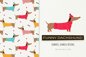 Funny Dachshunds Clipart & Patterns, an Animal Illustration by Irina Ostapenko