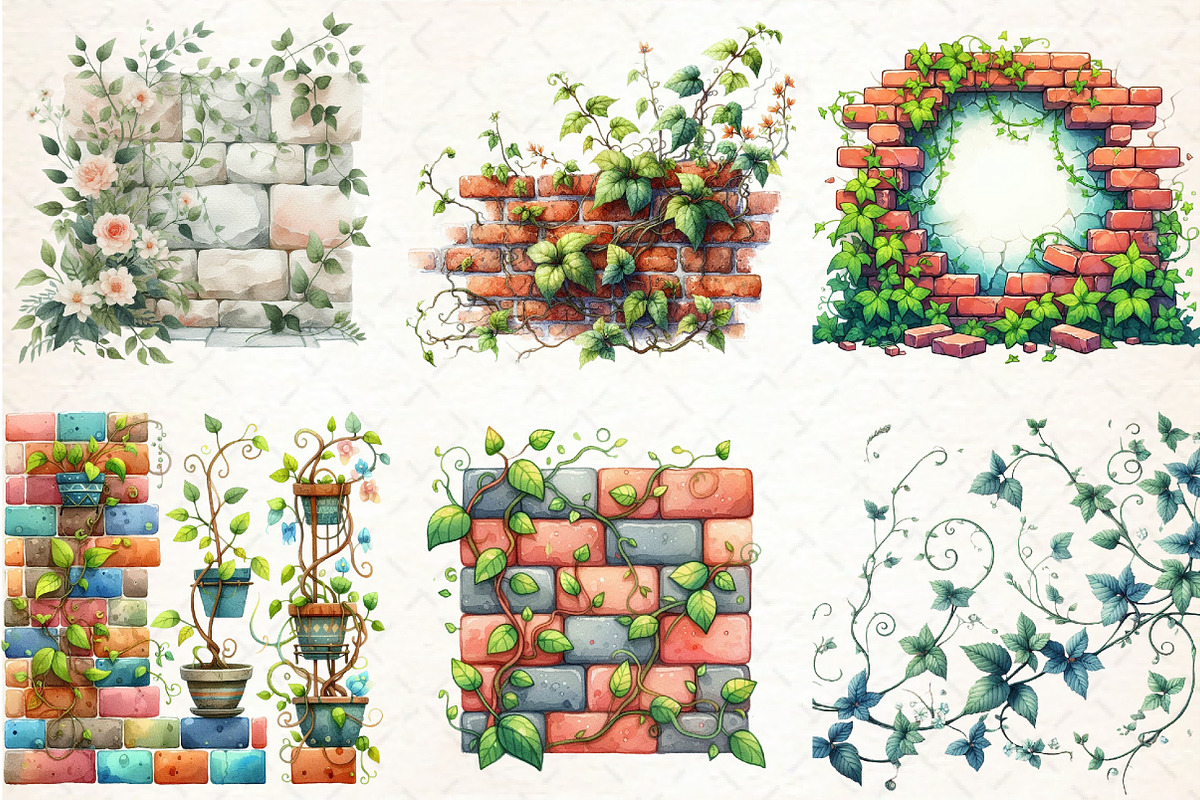 Floral Brick Wall Watercolor Clipart, an Illustration by Libby Wishes (Photo 3 of 4)