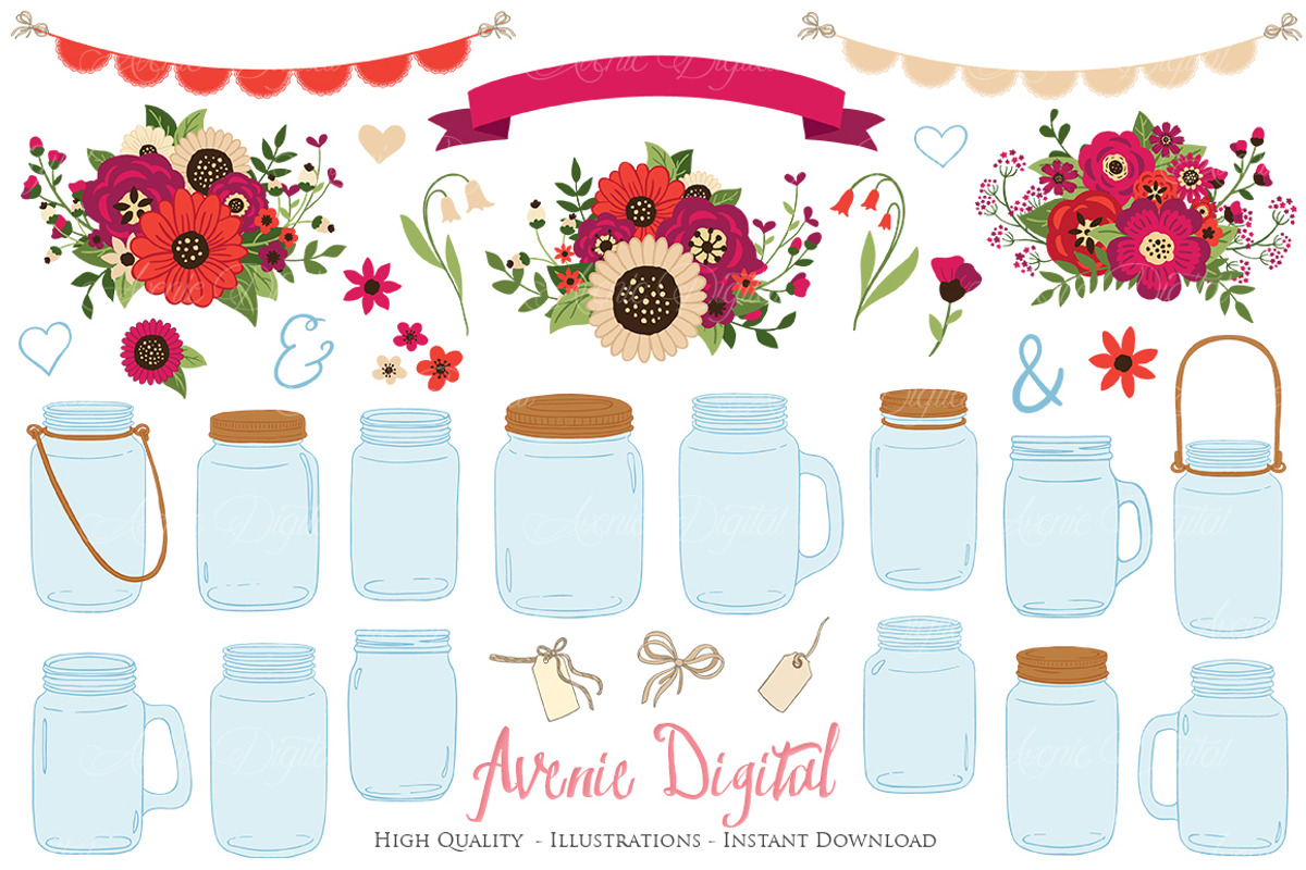 Red Wedding Mason Jar Cliparts, an Illustration by Avenie Digital (Photo 1 of 2)