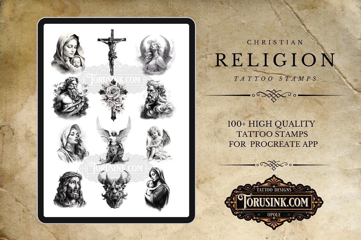100 Religion,Procreate Tattoo Stamps, a Brush Add-On by Torus1 (Photo 1 of 5)