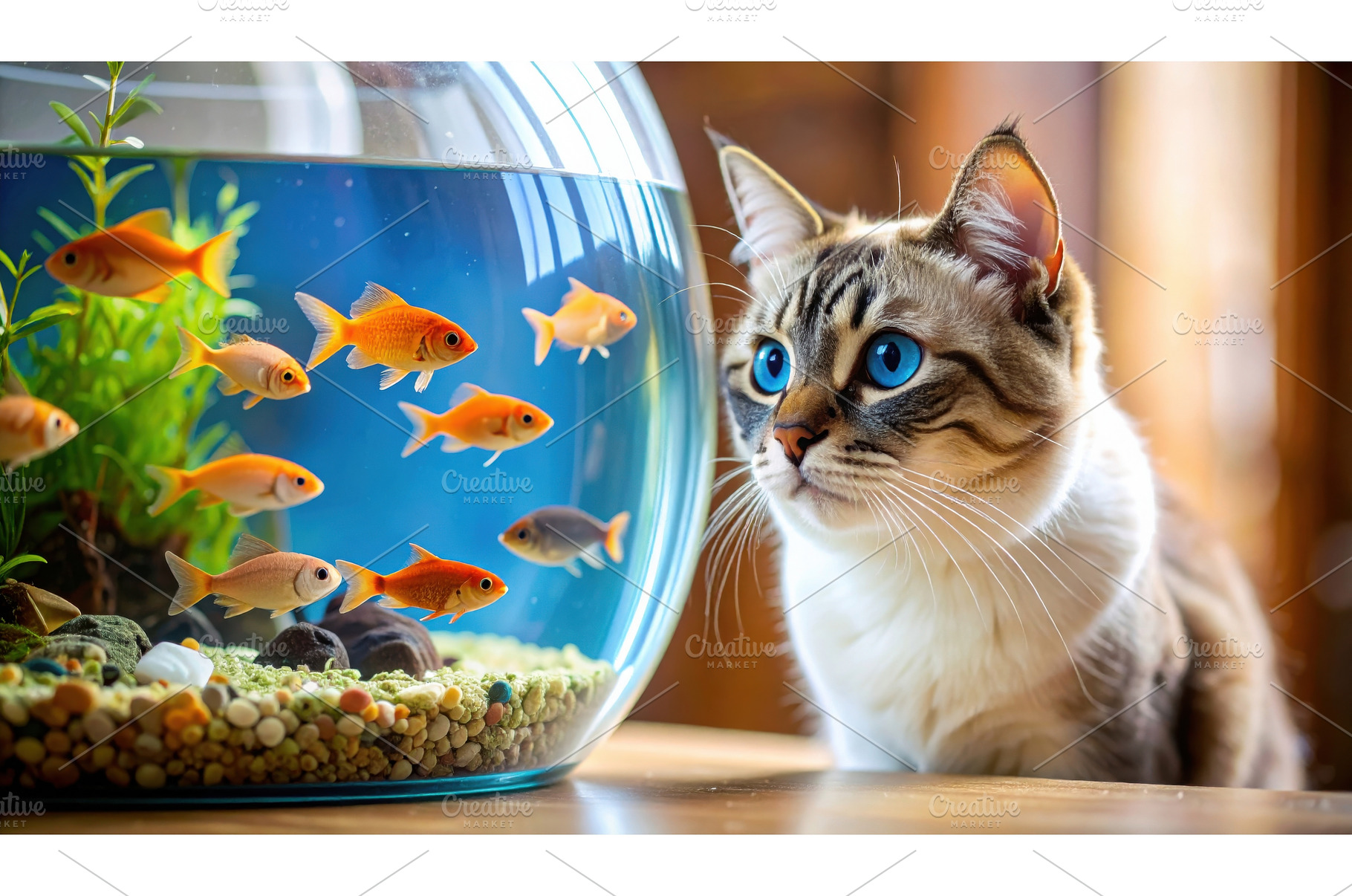 Curious cat observing goldfish in a, an Animal Photo by Igor Tichonow