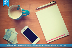 Wooden Desk with Office Supplies