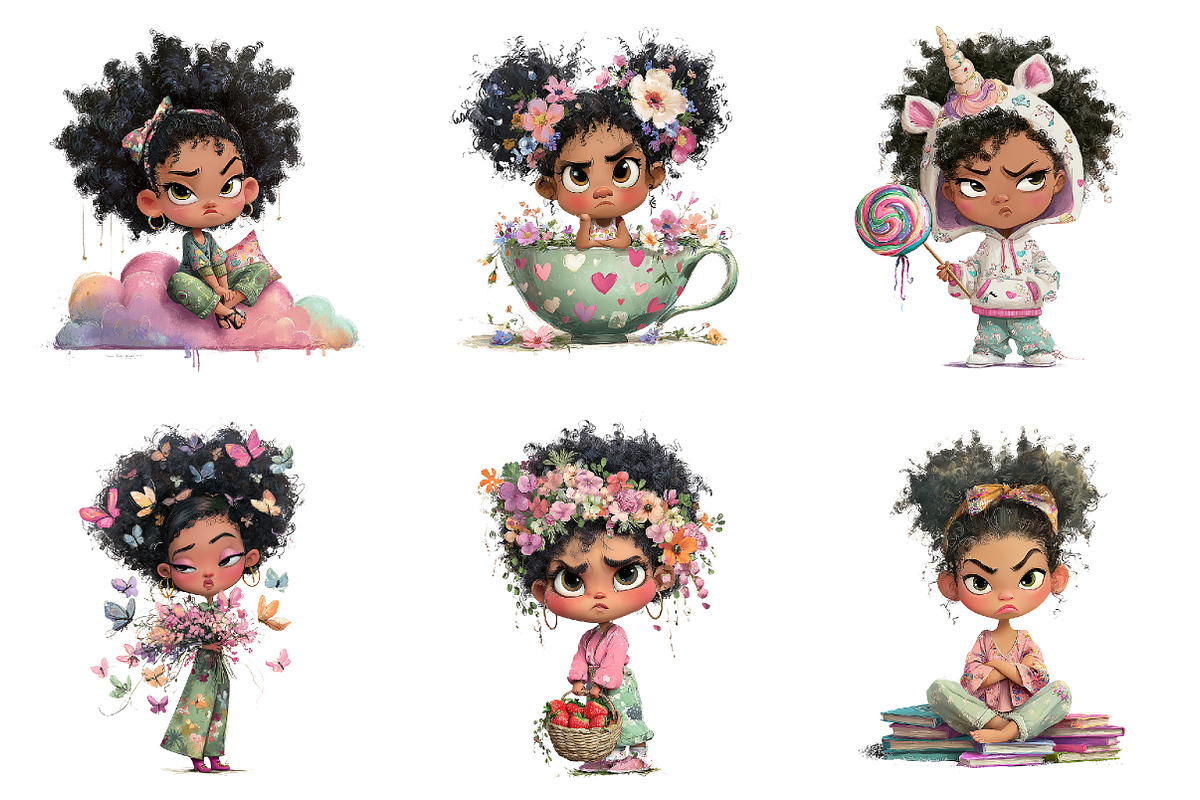 Whimsical Grumpy Black Girl Clipart, a Seasonal Illustration by designcity5 (Photo 2 of 5)