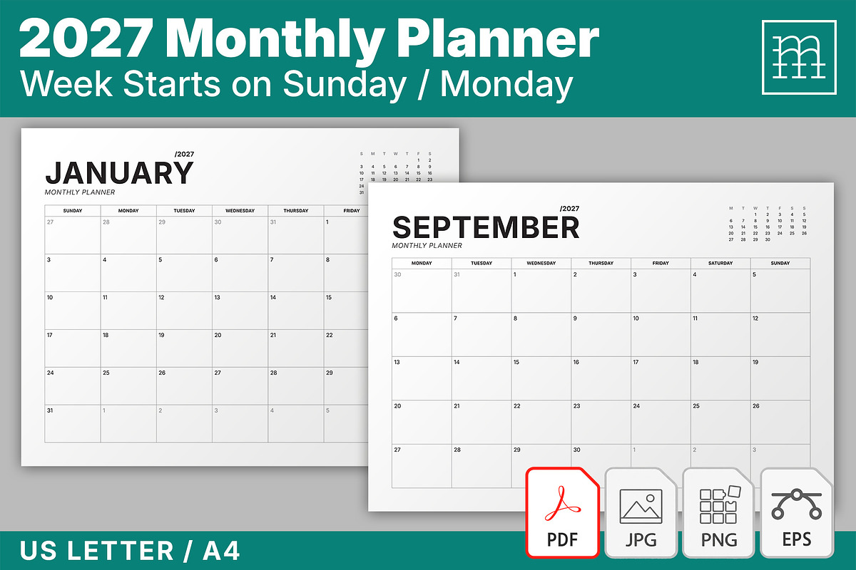 2027 Monthly Planner (MP049-27-L), a Stationery Template by mikhailmorosin (Photo 1 of 7)