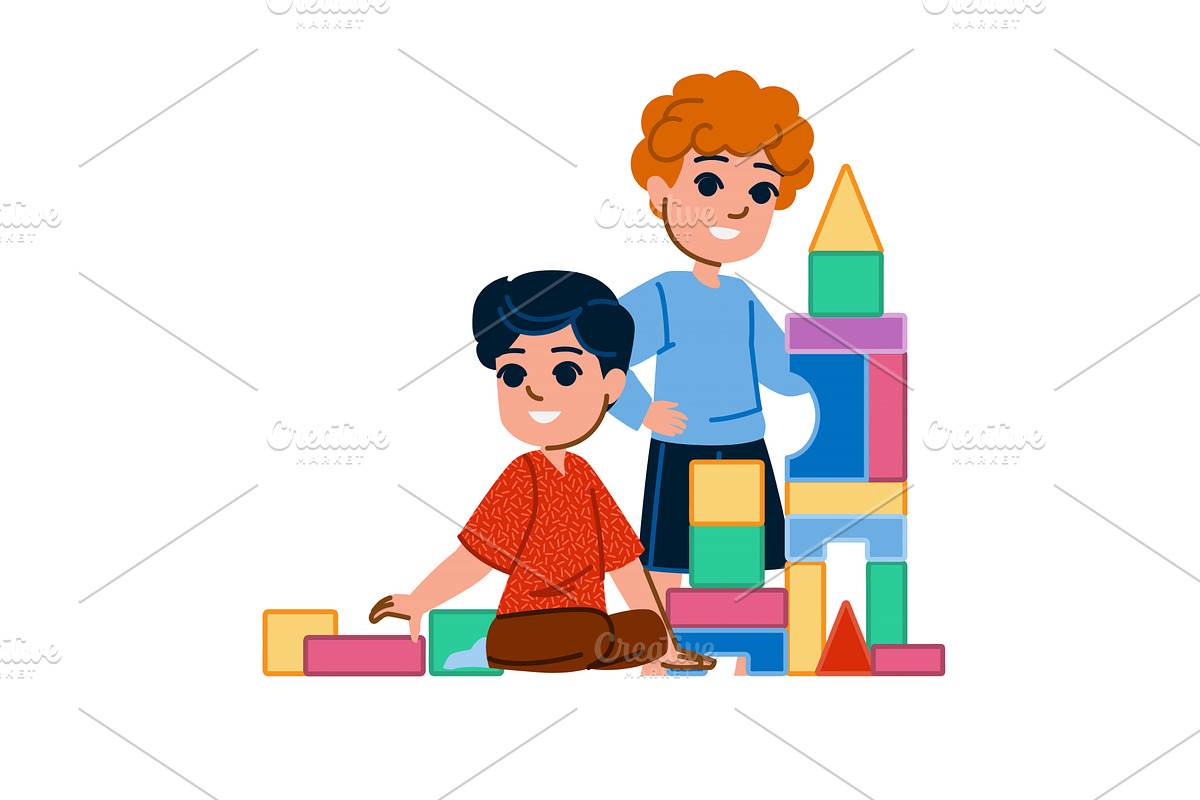 Two boys playing and building with, an Illustration by pikepicture