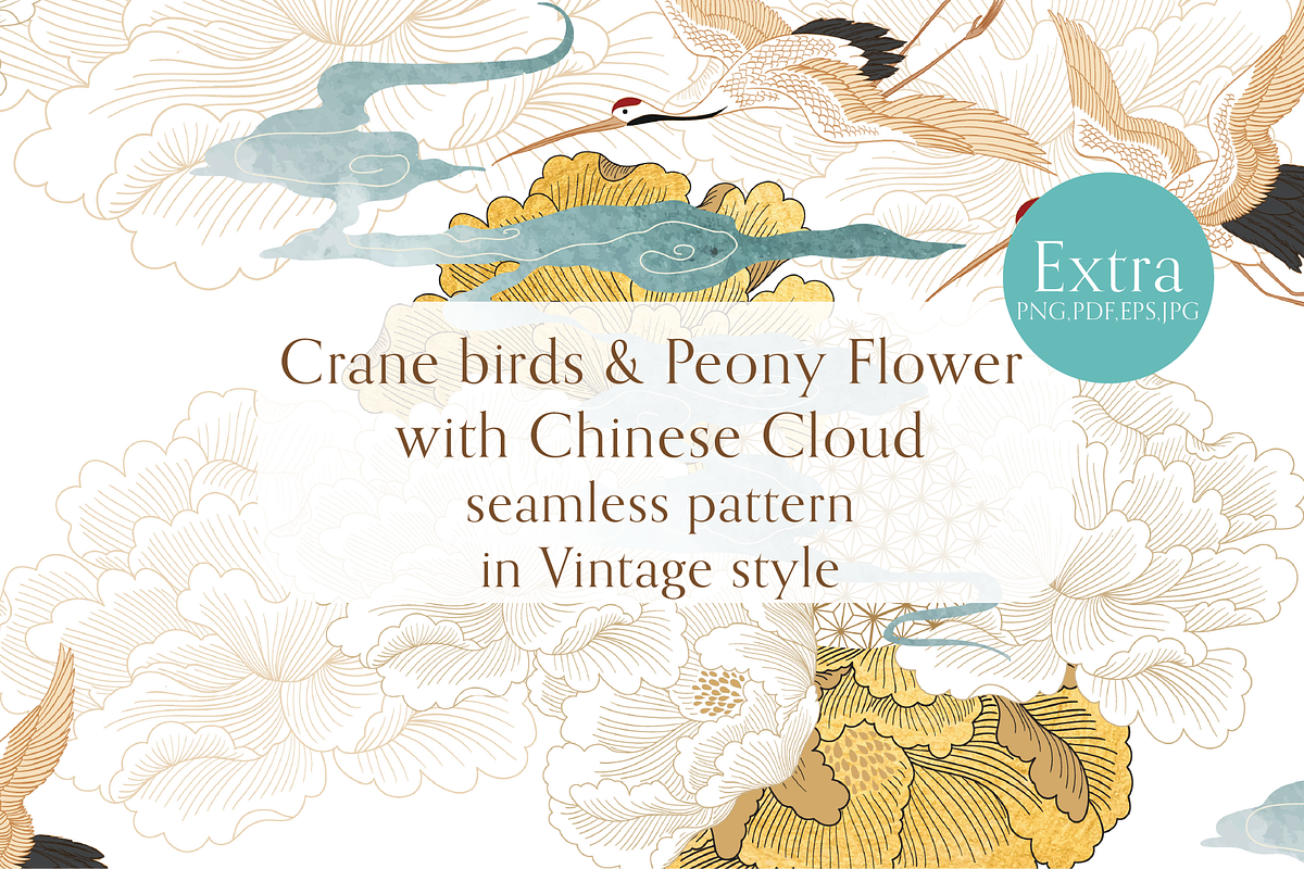 Crane birds and gold peony flower, a Pattern Graphic by marukopum (Photo 1 of 3)