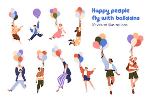 Happy people fly with balloons set, a Person Illustration by Good Studio