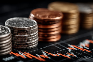 Stacked coins on a stock chart representing dividend income, investment growth, a Photo by AS photostudio