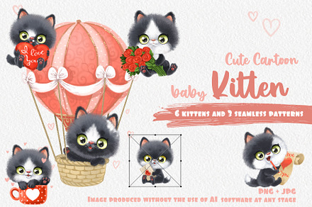 6 Cute cartoon kitten + 3 patterns