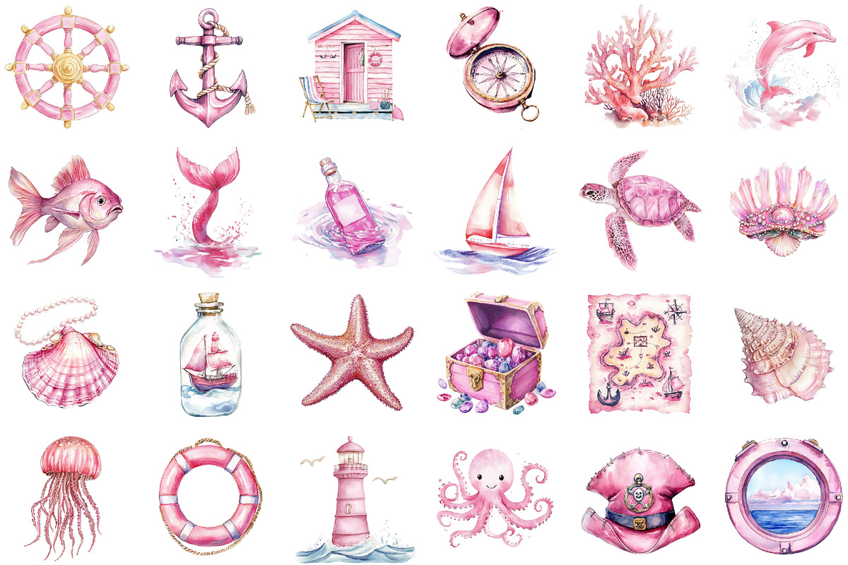 Watercolor Pink Nautical Clipart, an Illustration by Sublimation Artist (Photo 2 of 6)