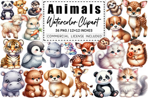 Watercolor Cute Animals Clipart, a Graphic by CitraGraphics