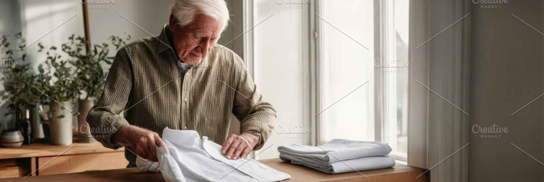 Elderly man folding linen shirt, a Person Photo by Virgo Studio