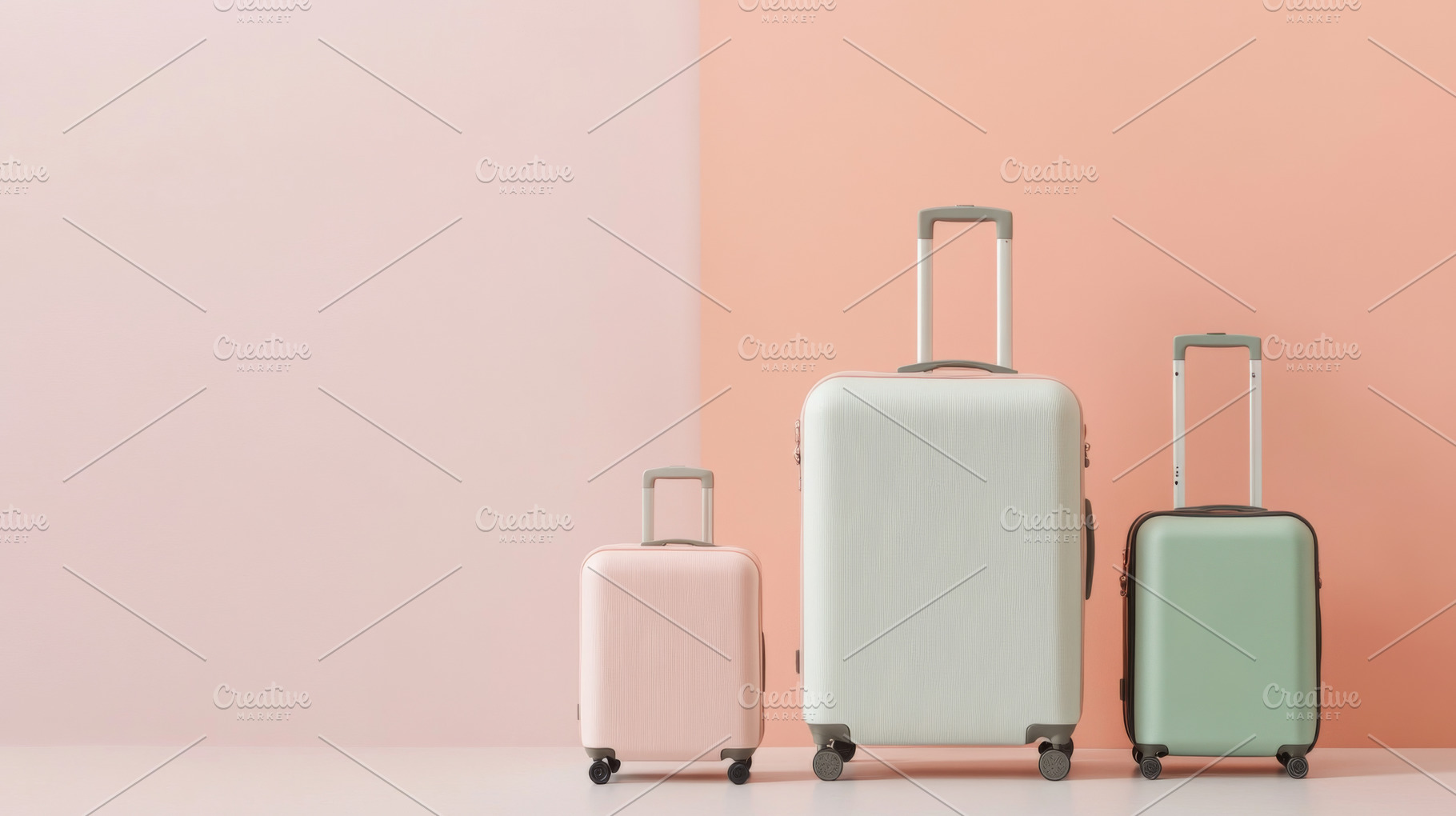 Pastel suitcases against a pink wall, concept of travel and vaca, a Photo by Dvoevnore photos