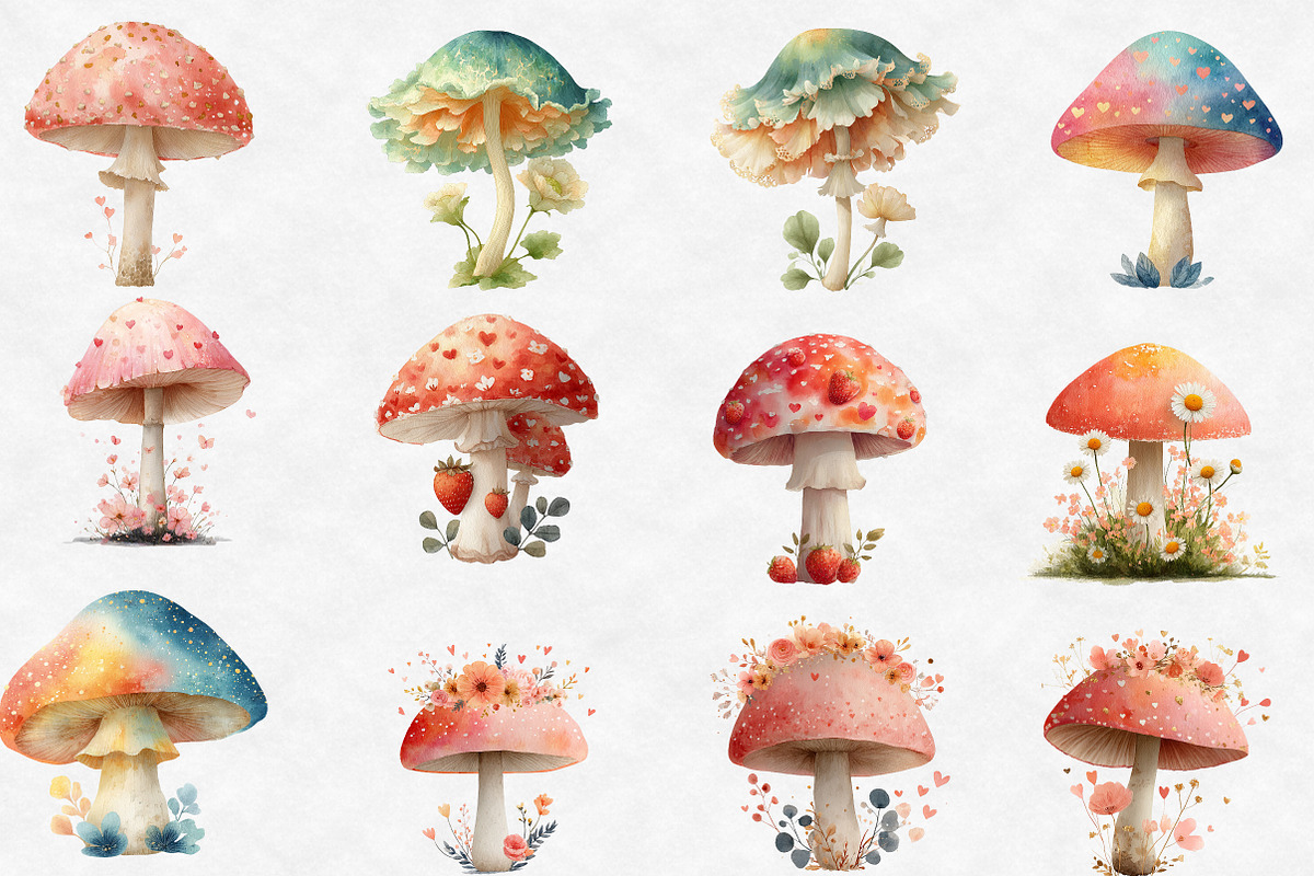 Watercolor Spring Mushrooms Clipart, an Illustration by Designworld (Photo 3 of 6)